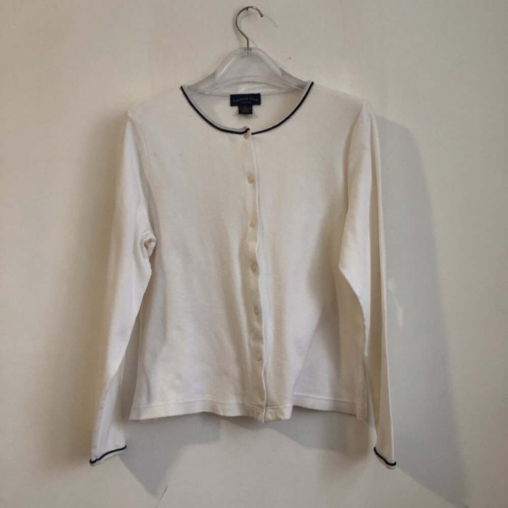 Vintage Charter Club Pima Cotton White Cardigan Black trim Petite Large